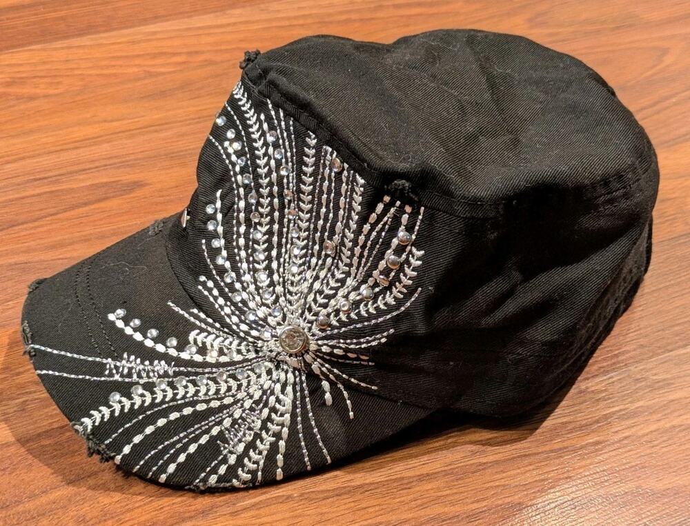 Y2K BKE Headwear Black Rhinestone Military Cadet Hat Distressed Western Biker